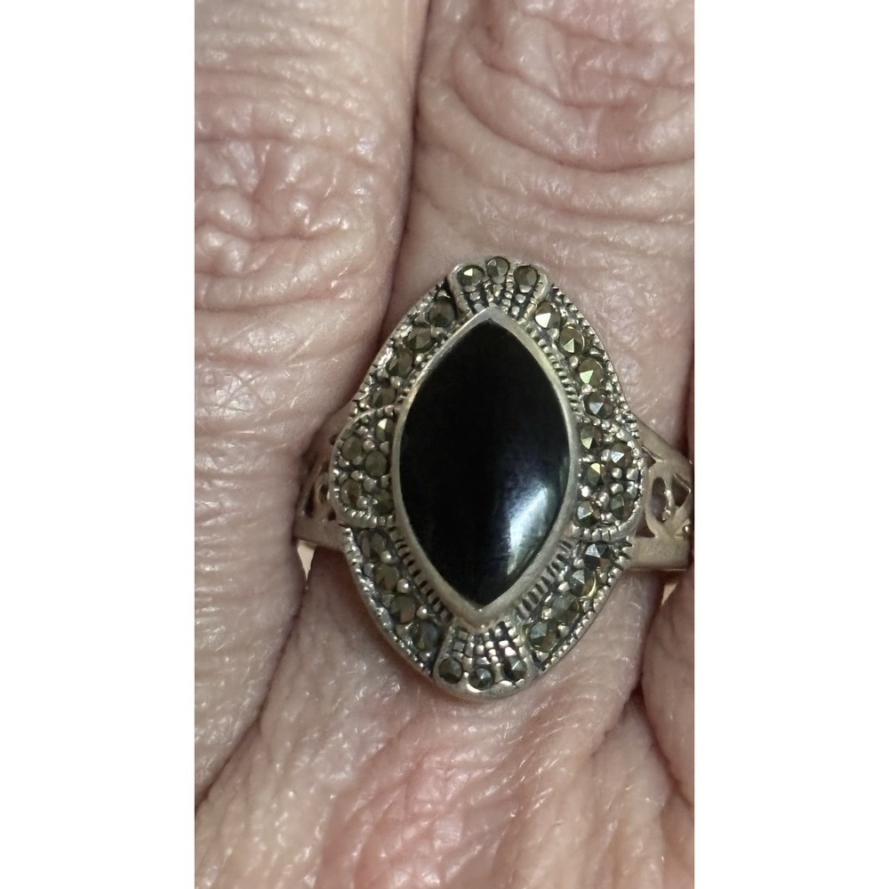 Vintage Black Onyx and Marcasite Ring 925 Sterling Silver 925 Sz 11 - Picture 6 of 7